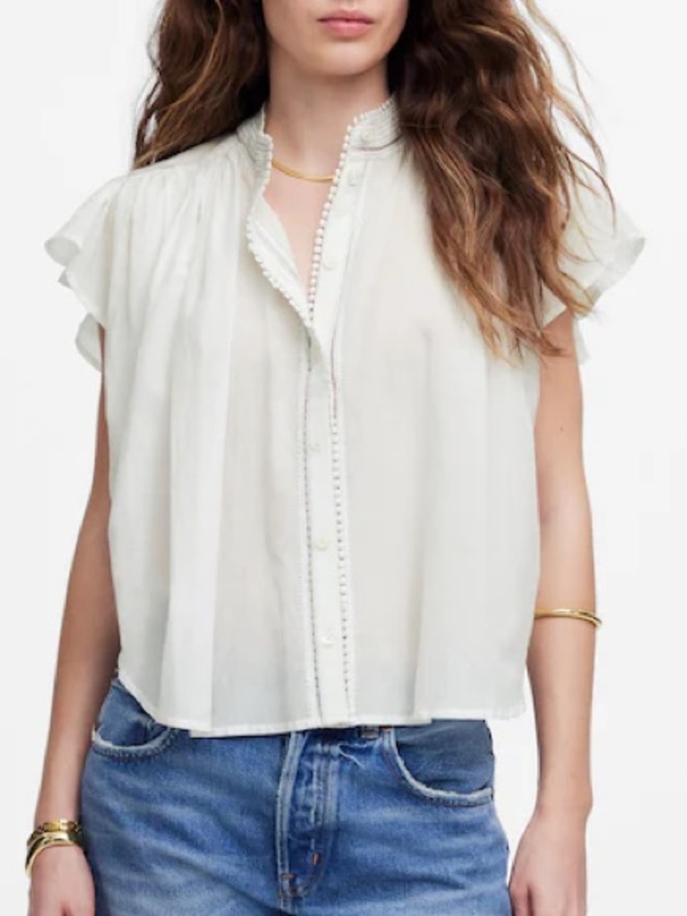 Madewell Shirred Lace-Trim Top — S